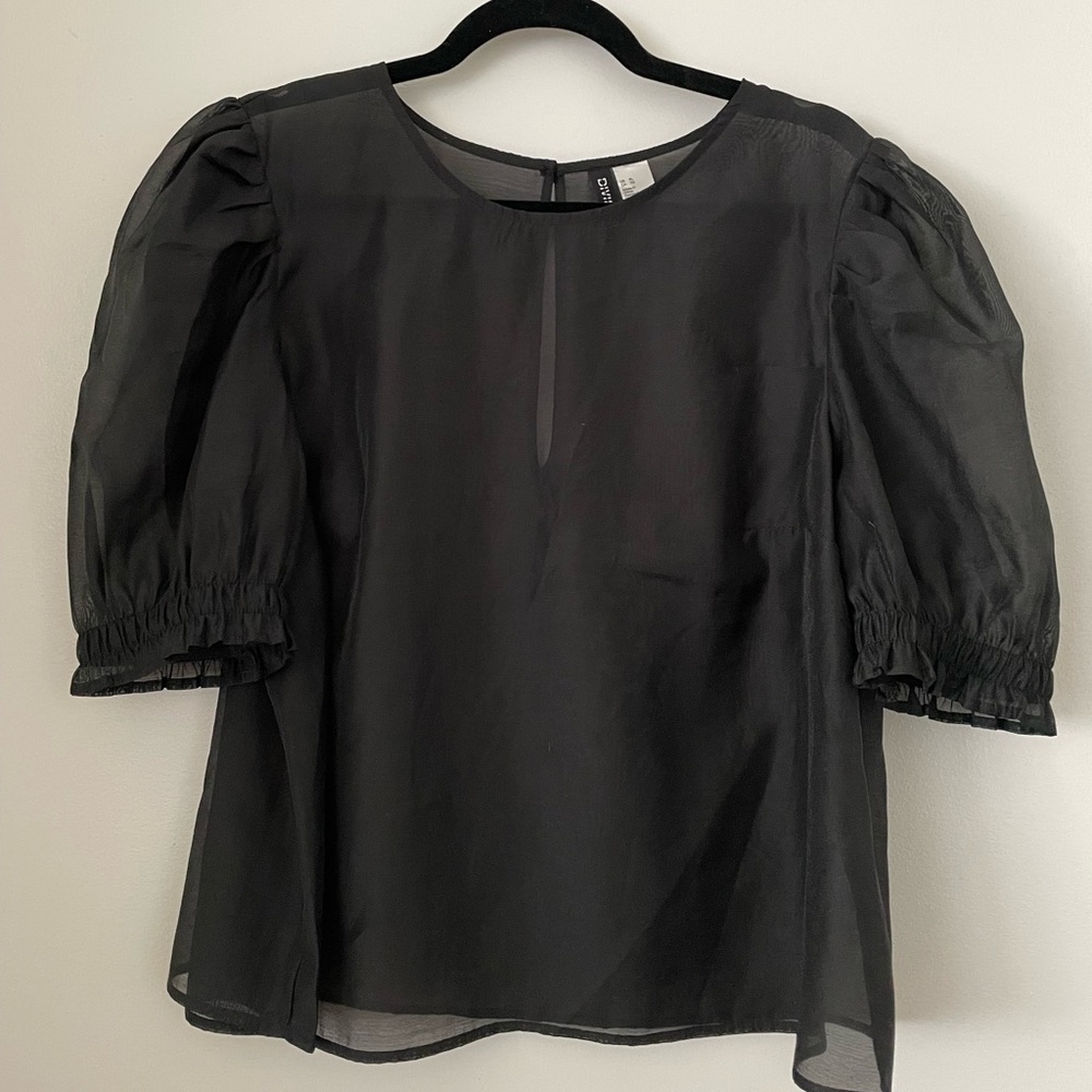 H&M Black Sheer Top with puff sleeves XL see through